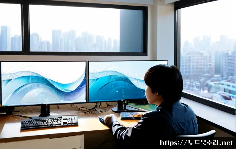 만리동 STATUS_KERNEL_THREAD_TIMEOUT - Photorealistic IT support workstation in a compact Mangnidong office, dual monitors showing a frozen...