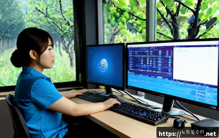 영동 STATUS_KERNEL_APC_PENDING - Photorealistic remote IT support workstation in Yeongdong, dual monitors displaying abstract blue sy...