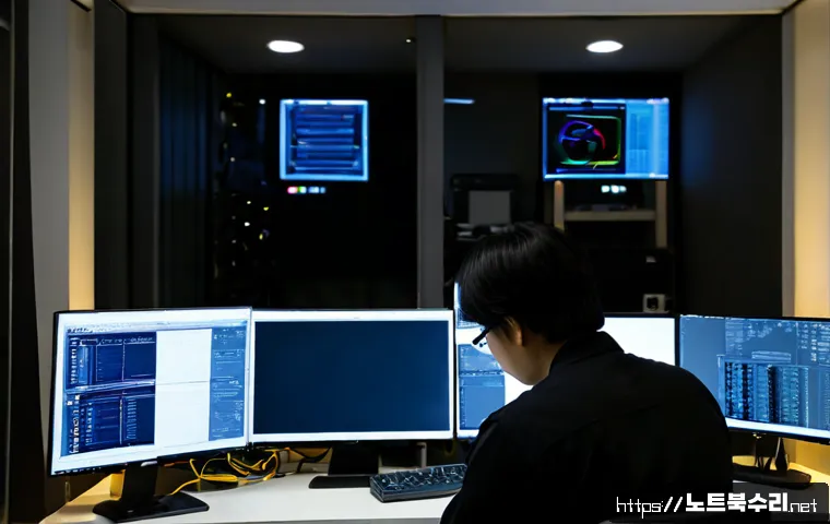 상지석동 STATUS_KERNEL_STACK_CORRUPTION - Photorealistic IT support workstation in a quiet Seokgwan-dong apartment office, dual monitors showi...