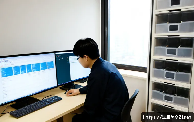 청계동 FAT_FILE_SYSTEM - Photorealistic IT support workstation in Cheonggye-dong, technician examining a desktop monitor with...