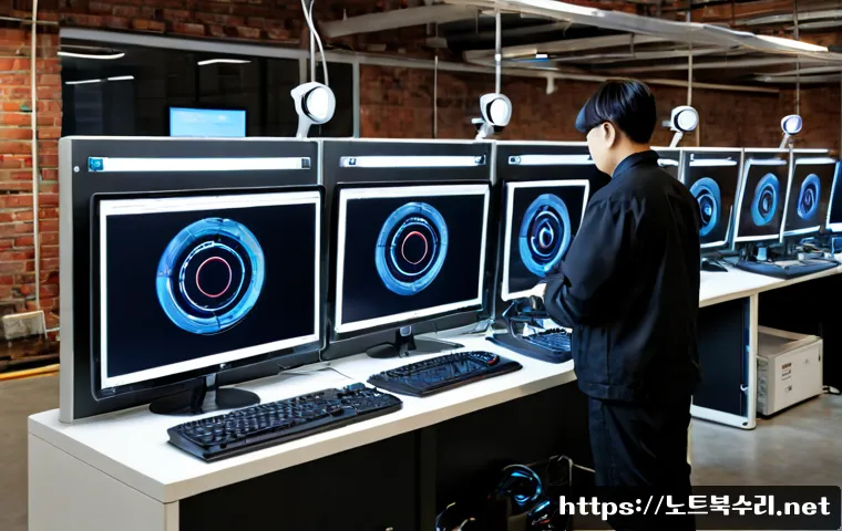 성수동 STATUS_KERNEL_MODULE_ACCESS_DENIED - Photorealistic remote-support workstation inside a renovated brick warehouse office, dual monitors s...