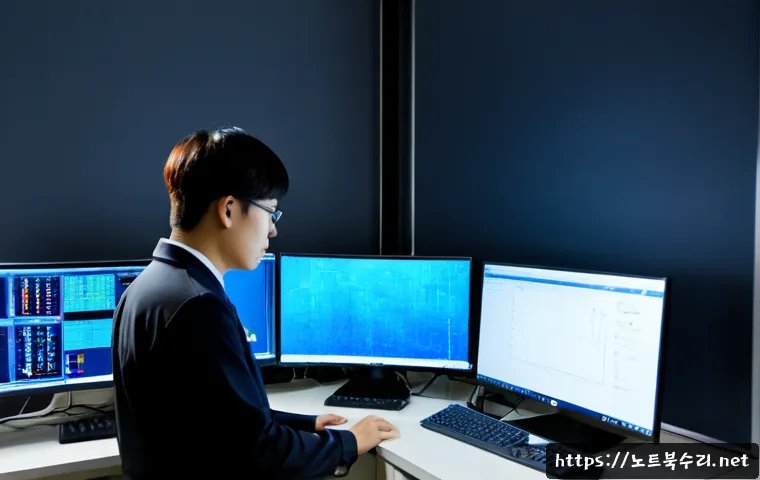신당동 STATUS_KERNEL_EXECUTION_ERROR - Photorealistic IT support workstation in Sindang-dong, Seoul, dual monitors showing abstract non-rea...