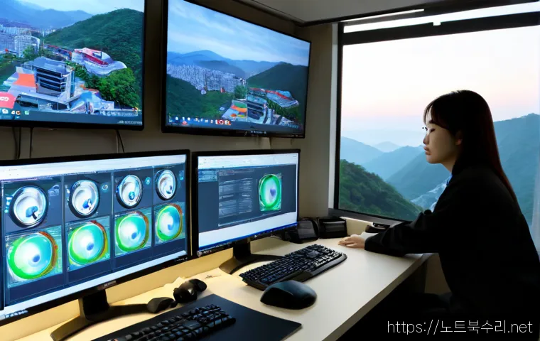 천현동 STATUS_KERNEL_FILE_SYSTEM_ERROR - Photorealistic IT support workstation in a compact Cheonhyeon-dong office, dual monitors showing abs...