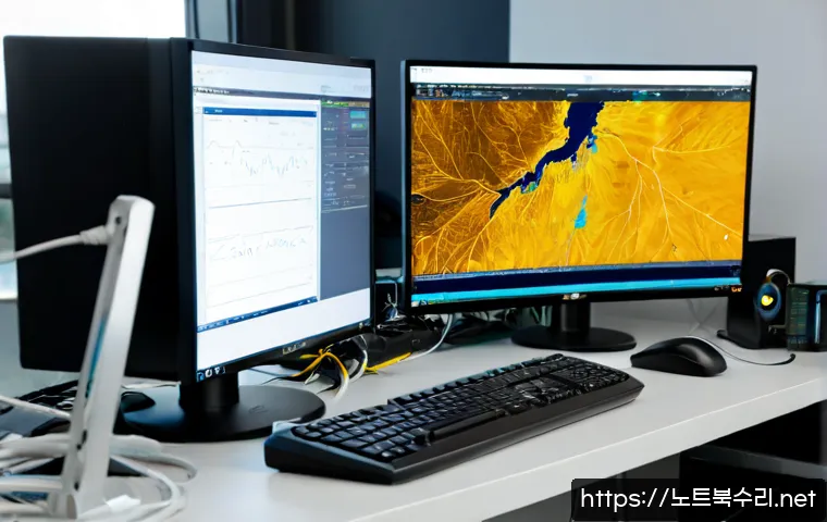 인수동 UNEXPECTED_KERNEL_MODE_TRAP - Photorealistic IT support workstation in a compact Insub-dong office, dual monitors showing abstract...