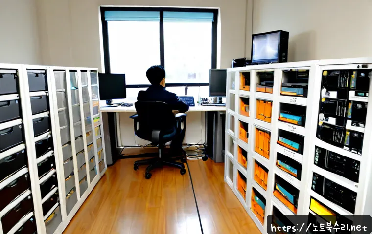 신촌동 파일서버출장방문수리점 - Photorealistic file server repair visit in a compact Shinchon neighborhood design studio, technician...