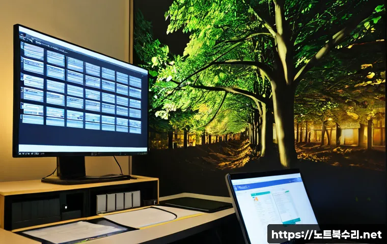 대현동 UDFS_FILE_SYSTEM - Photorealistic IT recovery workstation in a compact Daehyeon-dong office, technician reviewing a vis...