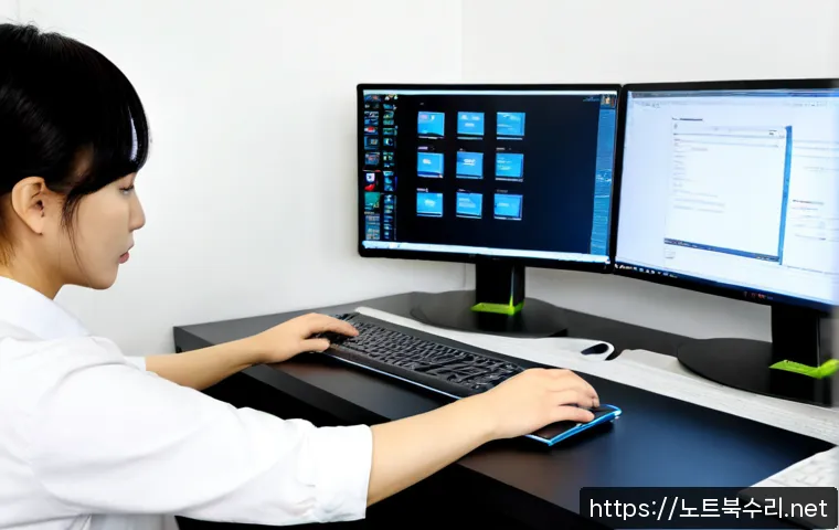용이동 UNMOUNTABLE_BOOT_VOLUME - Photorealistic IT support workstation in a modern Yongin office, dual-monitor desktop computer halte...