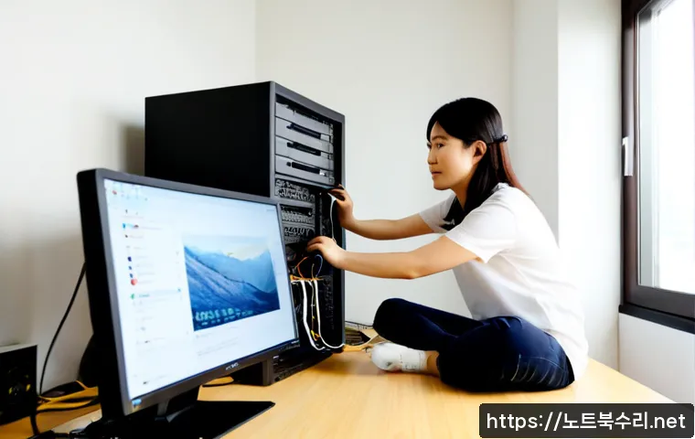 가정동 중고컴퓨터 pc 출장판매설치 - Photorealistic home computer installation in a compact Gajeong-dong apartment, technician carefully ...