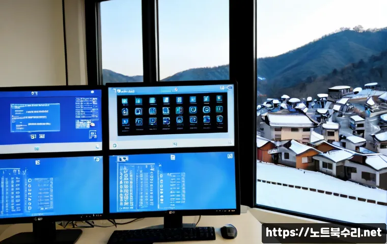 천현동 WIN32K_POWER_WATCHDOG_TIMEOUT - Photorealistic remote-support workstation in a compact apartment office, dual monitors showing a fro...