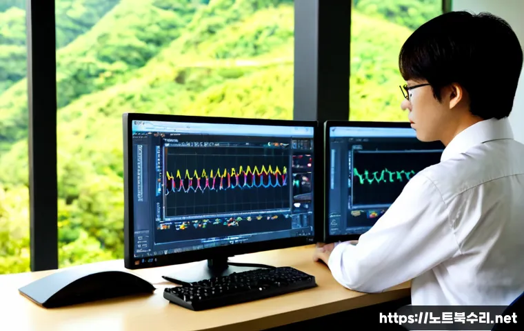 원지동 STATUS_KERNEL_MEMORY_LEAK - Photorealistic IT support workstation in Wonji-dong, Seoul, dual monitors showing abstract memory us...