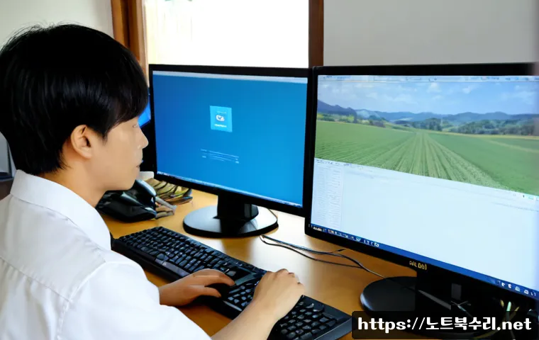 일죽면 NDIS_INTERNAL_ERROR - Photorealistic remote IT support workstation in a quiet rural township office, dual monitors showing...