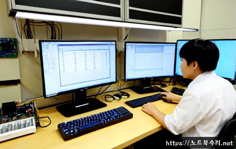 청계동 STATUS_INVALID_DISPOSITION - Photorealistic IT support workstation in a compact Cheonggye-dong electronics workshop, technician r...