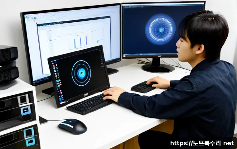 중계동 STATUS_FLOAT_INVALID_OPERATION - Photorealistic software support workstation in a quiet Junggye-dong apartment office, dual monitors ...