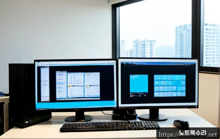 월피동 STATUS_KERNEL_MODULE_CORRUPTION - Photorealistic IT support workstation in a compact Wopidong apartment office, dual monitors showing ...