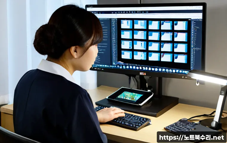 삼양동 STATUS_FILE_CORRUPTION - Photorealistic IT support workstation in a compact hillside neighborhood office, dual monitors showi...