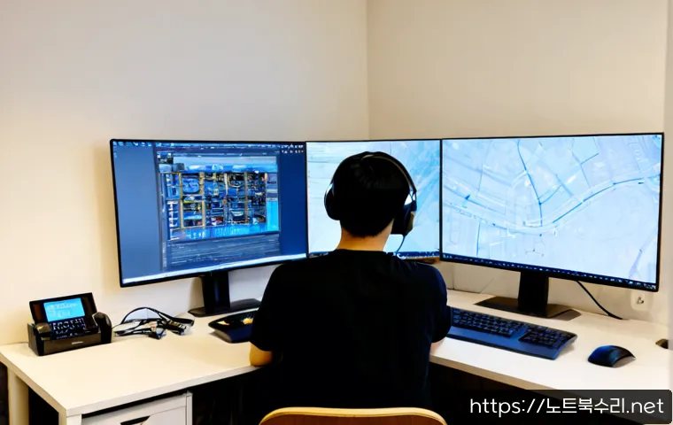 혜화동 BAD_SYSTEM_CONFIG_INFO - Photorealistic remote IT support workstation in a compact Hyehwa-dong design studio, dual monitors s...