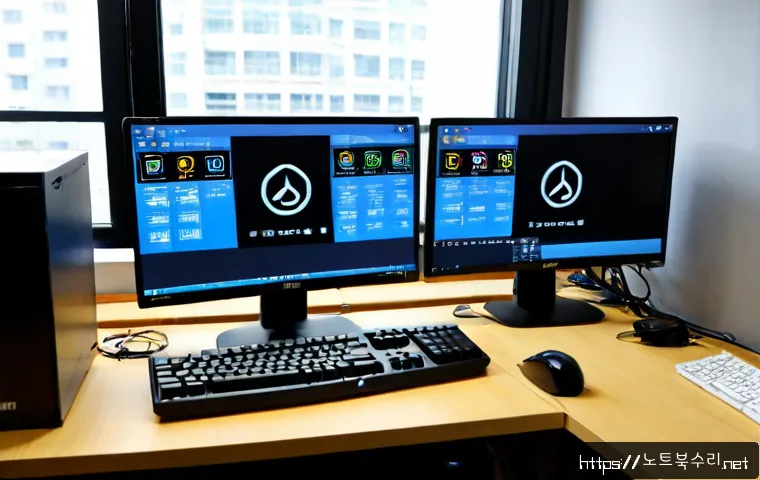 홍문동 DEVICE_DRIVER_MISMATCH - Photorealistic IT support workstation in a compact Hongmun-dong office, dual monitors showing a clea...