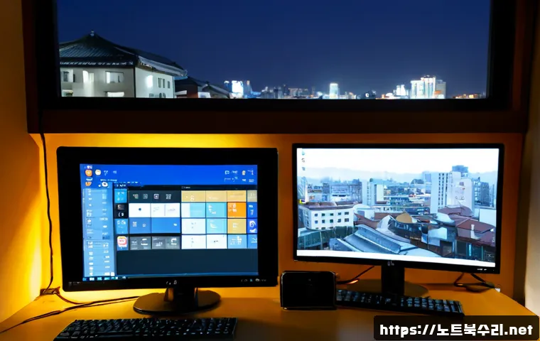 마포동 STATUS_SESSION_TIMEOUT - Photorealistic remote-support workstation in a compact Mapo-dong office, dual monitors showing a bla...