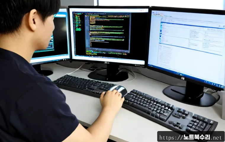 안산동 STATUS_IO_ERROR - Photorealistic IT support workstation in a compact Ansan-dong office, dual monitors showing a blank ...