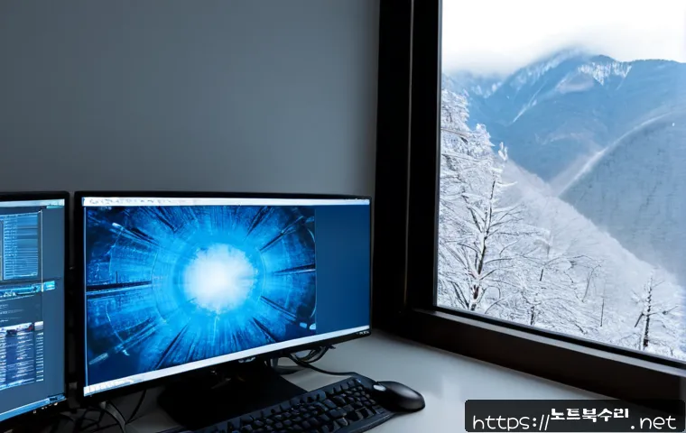 가평군 THREAD_STUCK_IN_DEVICE_DRIVER - Photorealistic IT support workstation in a quiet Gapyeong County office, dual monitors showing a fro...