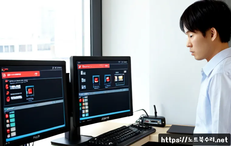 현천동 STATUS_CONNECTION_REFUSED - Photorealistic remote-support workstation in a compact modern office, frustrated technician viewing ...
