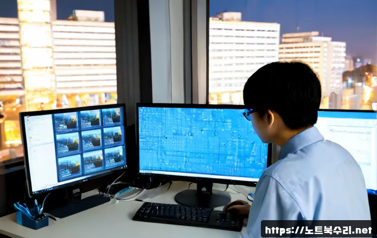 광희동 STATUS_KERNEL_INIT_FAILURE - Photorealistic IT support workstation in a compact Gwanghui-dong office, dual monitors showing abstr...