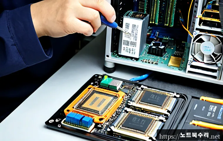 종로구 오버클럭 뚜따 - Photorealistic high-end PC repair workstation in a compact Jongno electronics workshop, technician c...