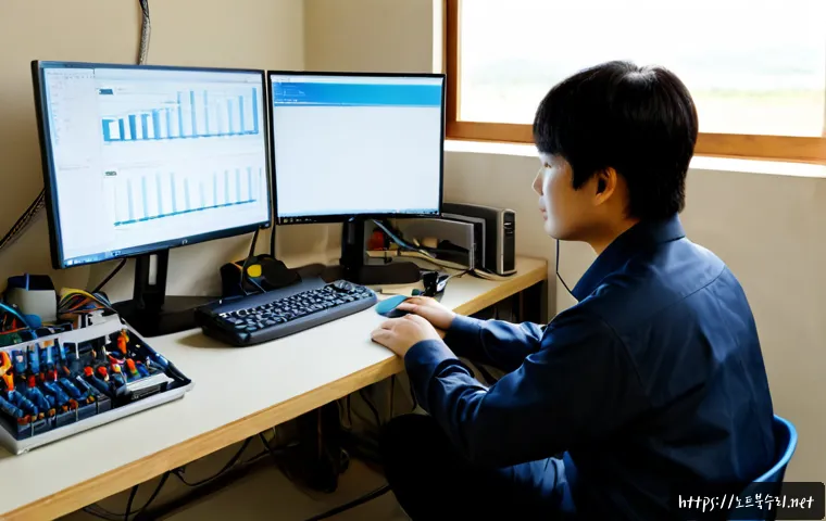 마장면 STATUS_KERNEL_MODULE_INVALID - Photorealistic engineering workstation in a small industrial office near Majang-myeon, dual monitors...