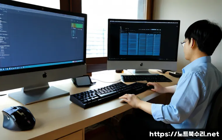 가업동 STATUS_FILE_CORRUPTION - Photorealistic remote IT support workstation in a compact Korean home office, dual monitors showing ...