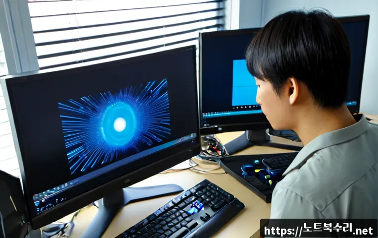 계산동 SYSTEM_THREAD_EXCEPTION_NOT_HANDLED - Photorealistic IT support workstation in a compact Gyeyang-gu office, dual monitors showing a clean ...