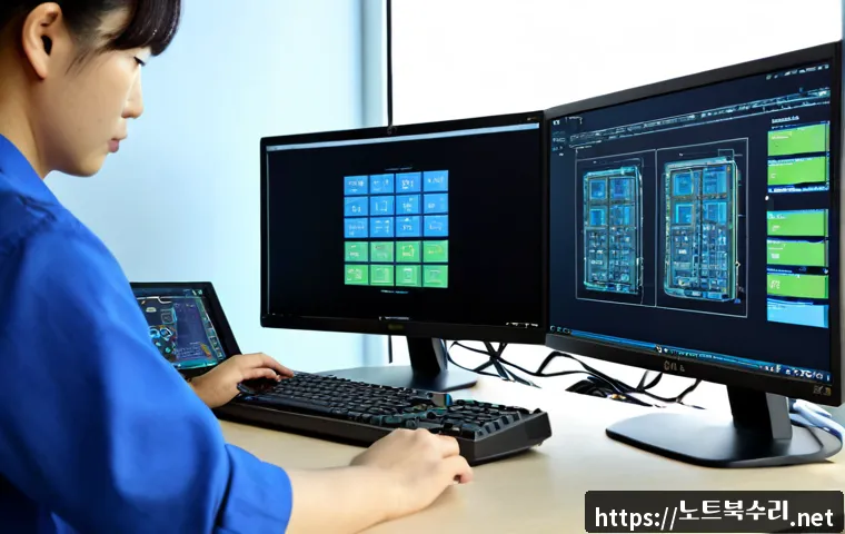 천현동 STATUS_MEMORY_ACCESS_DENIED - Photorealistic IT support workstation in a compact office near a quiet Korean residential district, ...