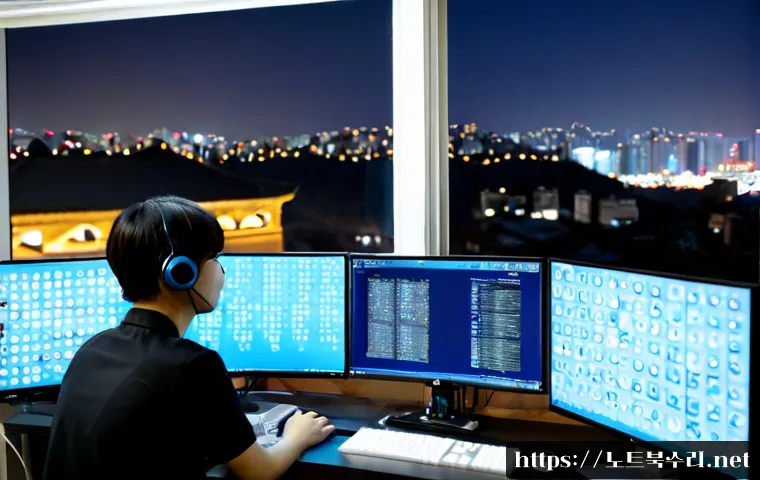 교산동 STATUS_KERNEL_ACCESS_DENIED - Photorealistic IT support workstation in Gyosan-dong, an engineer studying a blank system security p...