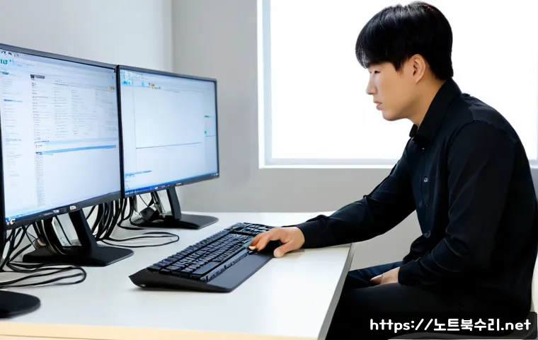 여월동 자동복구 - Photorealistic IT technician restoring a sleek desktop workstation after a system recovery, dual mon...