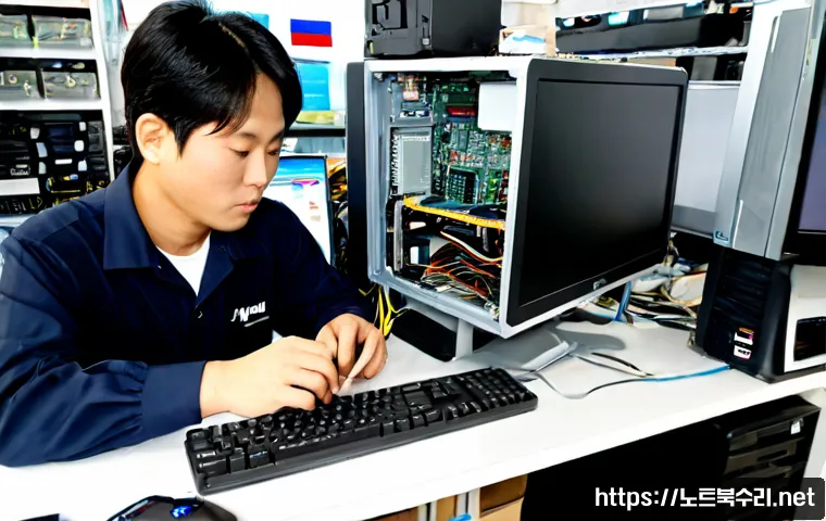 탄현면 아이맥 판매 및 수리 - Photorealistic electronics repair workstation in Tanghyeon-myeon, a technician carefully servicing a...