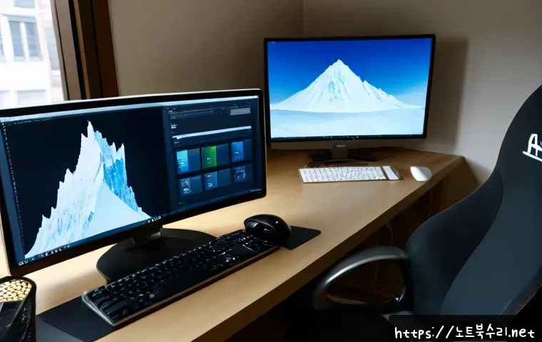 연양동 컴퓨터멈춤 - Photorealistic remote-support workstation in a compact Korean apartment office, frustrated designer ...