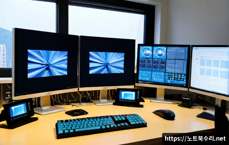 동패동 STATUS_INSUFFICIENT_RESOURCES - Photorealistic IT support workstation in Dongpae-dong, Paju, a designer facing multiple monitors wit...