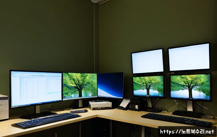 행주동 CDFS_FILE_SYSTEM - Photorealistic IT support workstation in a quiet riverside neighborhood office near Haengju, dual mo...