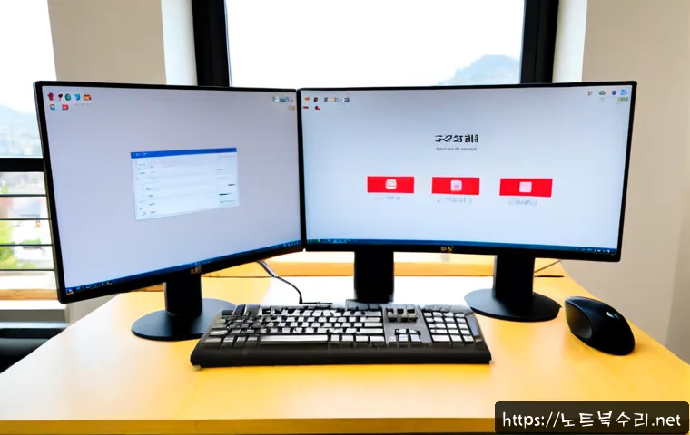 평내동 INVALID_KERNEL_HANDLE - Photorealistic desktop support workstation in a modern apartment office, dual monitors showing a cle...