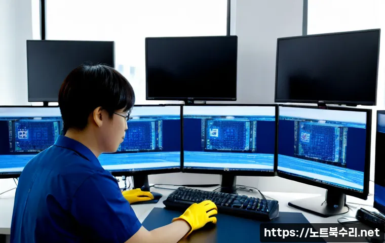 수송동 STATUS_KERNEL_HEAP_CORRUPTION - Photorealistic IT support workstation in a compact central Seoul office, dual monitors showing an ab...
