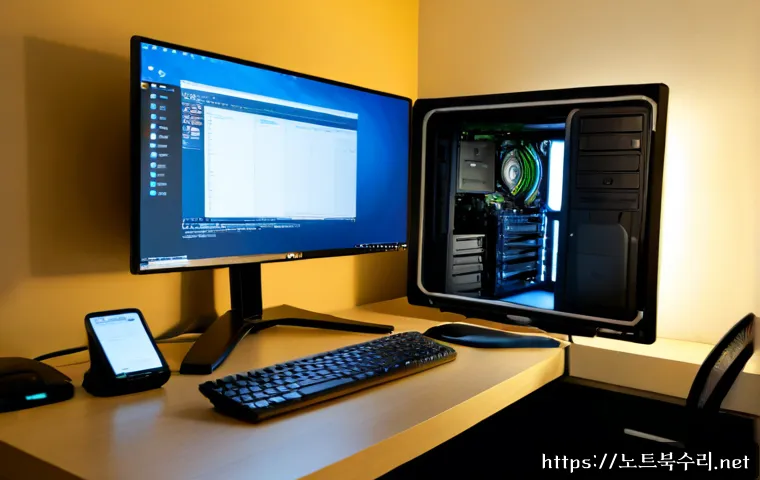 가장동 프리도스 윈도우설치 - Photorealistic compact desktop workstation during a clean operating system installation, open tower ...