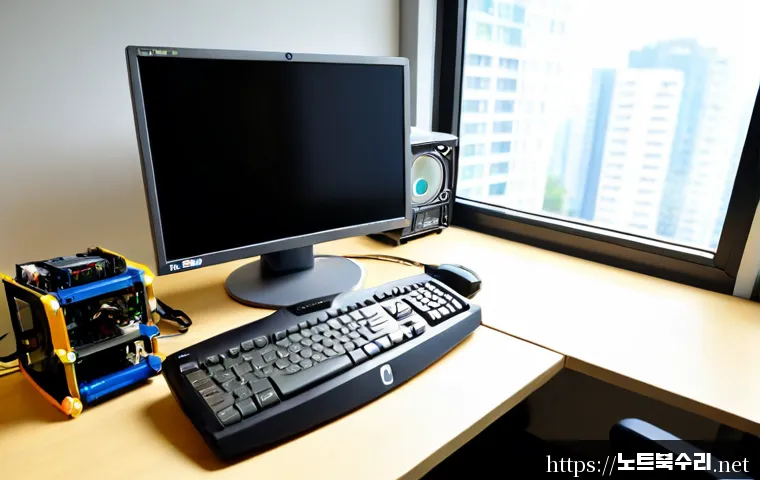 현수동 HARDWARE_FAILURE - Photorealistic remote-support workstation in a compact Hyunsu-dong apartment office, desktop PC open...