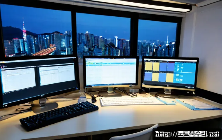 신천동 STATUS_MODULE_CORRUPTION - Photorealistic IT support workstation in a compact Sincheon-dong office, dual monitors showing a cor...