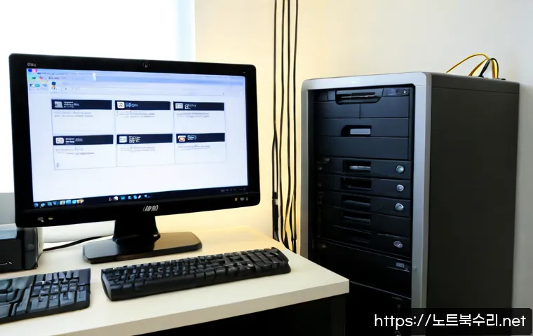 서원동 UDFS_FILE_SYSTEM - Photorealistic IT support workstation in a compact Seowon-dong apartment office, technician examinin...