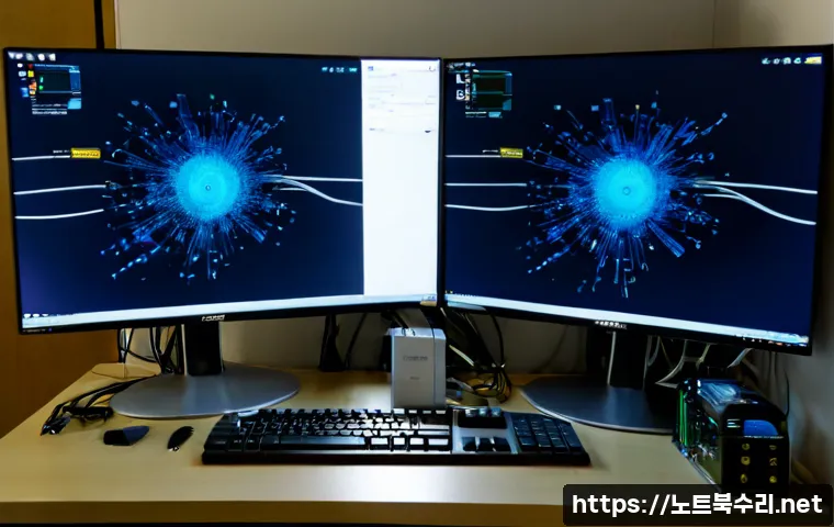 영화동 STATUS_KERNEL_DATA_CORRUPTION - Photorealistic IT support workstation in a compact Yeonghwa-dong apartment office, dual monitors sho...