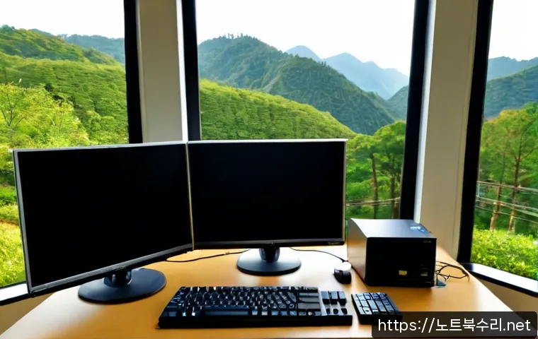 창수면 STATUS_IMAGE_NOT_FOUND - Photorealistic remote-support workstation in a quiet rural administrative office, dual monitors show...