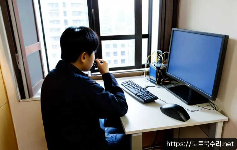 광암동 컴퓨터멈춤 - Photorealistic computer repair workstation in a compact Gwangam-dong apartment, technician diagnosin...