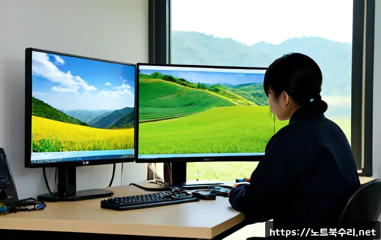 삼산면 CDFS_FILE_SYSTEM - Photorealistic remote IT support workstation in a quiet rural Korean office, dual monitors showing a...