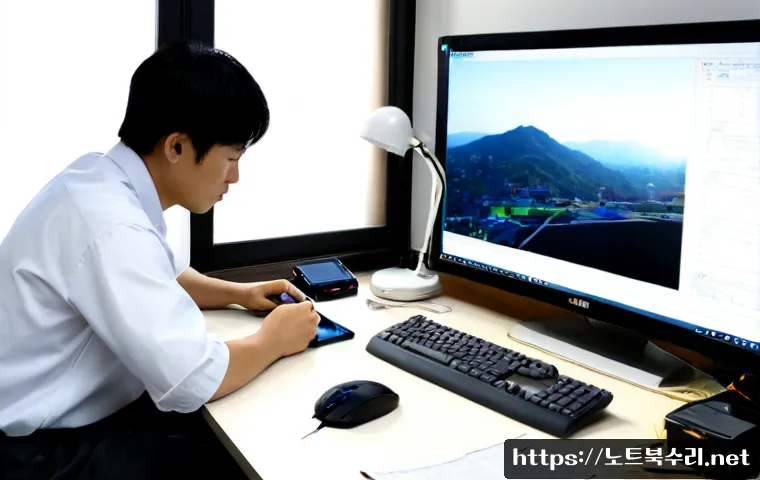 경운동 STATUS_KERNEL_DISK_ERROR - Photorealistic IT support workstation in a compact Gyeongun-dong office, ultrawide monitor showing a...