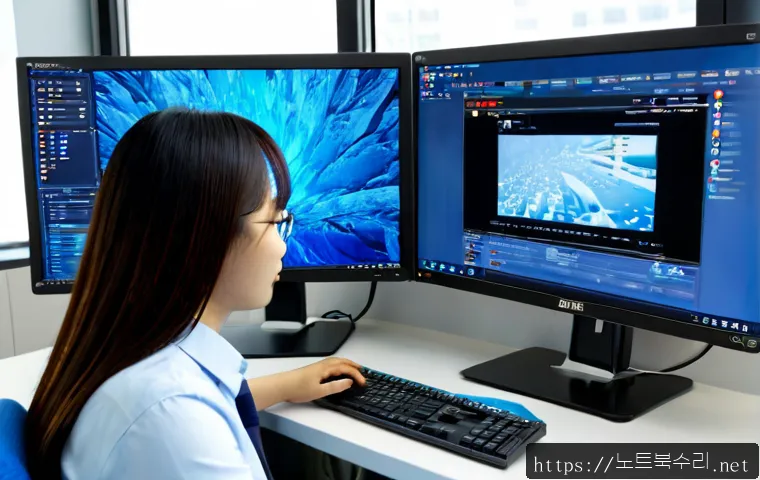 영등포구 STATUS_KERNEL_MODE_EXCEPTION - Photorealistic IT support workstation in Yeongdeungpo, Seoul, dual monitors showing a frozen abstrac...
