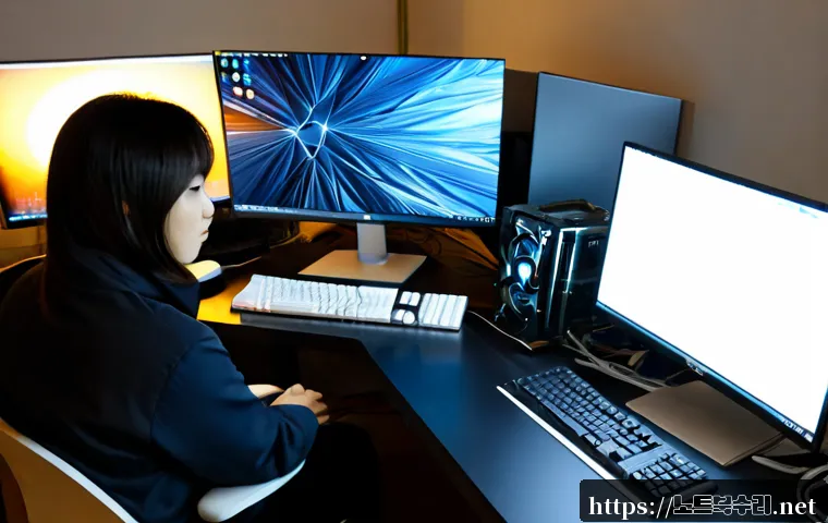 일신동 DRIVER_CAUSED_SYSTEM_CRASH - Photorealistic IT support workstation in a modest Incheon apartment office, dual monitors showing a ...